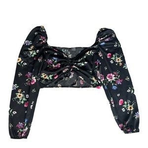 Black flowery crop top, long sleeve, DIVIDED H&M brand, size XL